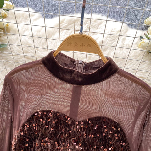 Sequined Mesh Patchwork Short Dress