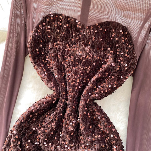 Sequined Mesh Patchwork Short Dress