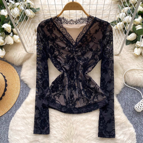 V-neck Knotted Embroidered Lace Top