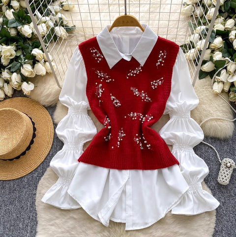 Beaded Knitted Vest & White Shirt