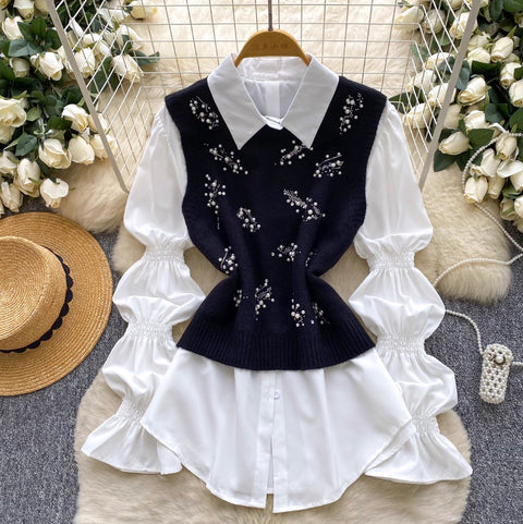 Beaded Knitted Vest & White Shirt