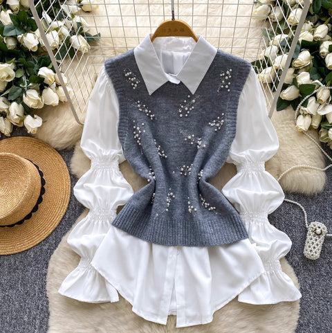 Beaded Knitted Vest & White Shirt