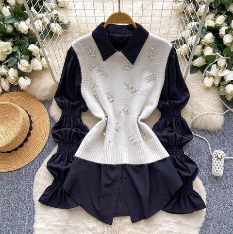 Beaded Knitted Vest & White Shirt