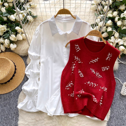 Beaded Knitted Vest & White Shirt