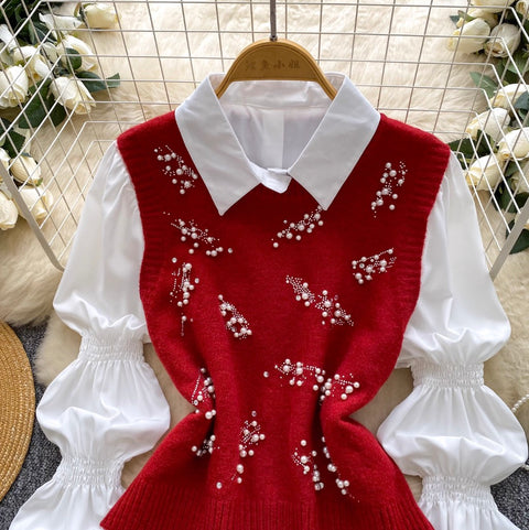Beaded Knitted Vest & White Shirt
