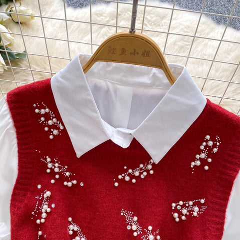 Beaded Knitted Vest & White Shirt