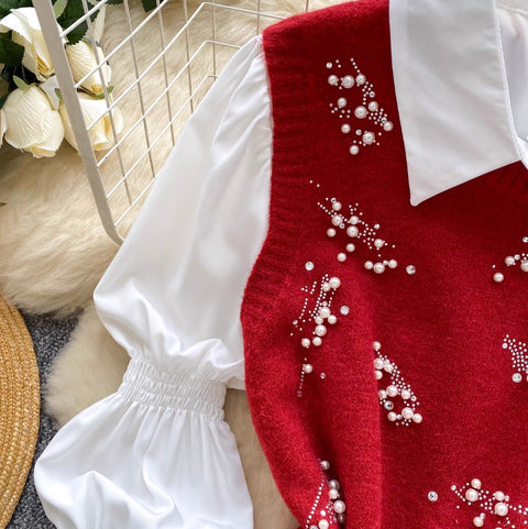 Beaded Knitted Vest & White Shirt