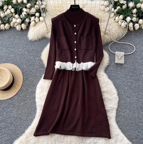 Turtleneck Sweater Dress & Vest 2Pcs
