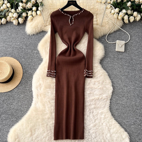 Beaded Long-sleeve Knit Dress