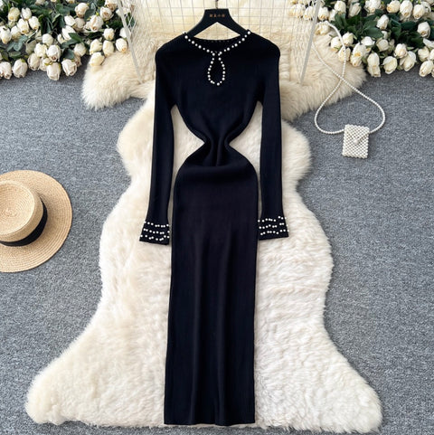 Beaded Long-sleeve Knit Dress