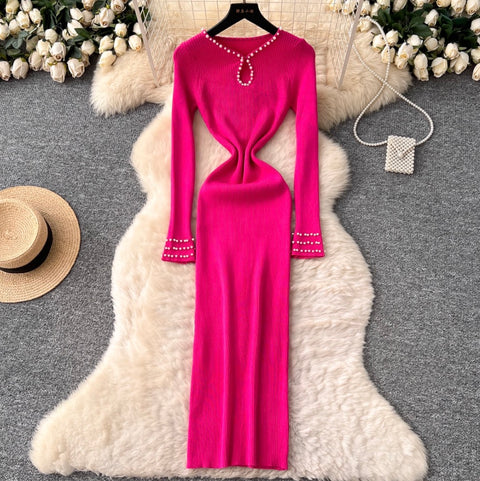 Beaded Long-sleeve Knit Dress