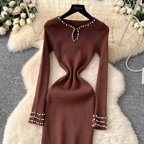 Beaded Long-sleeve Knit Dress