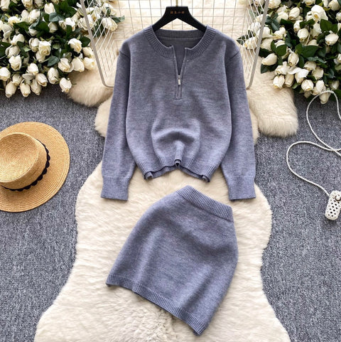 Half-zipped Sweater & Skirt 2Pcs