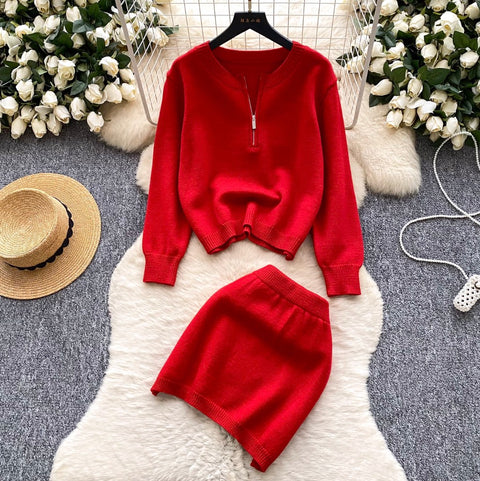 Half-zipped Sweater & Skirt 2Pcs