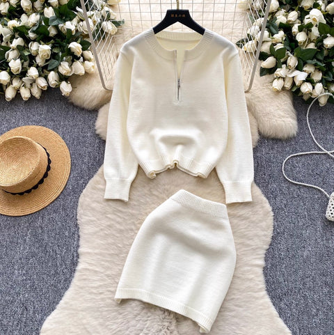 Half-zipped Sweater & Skirt 2Pcs