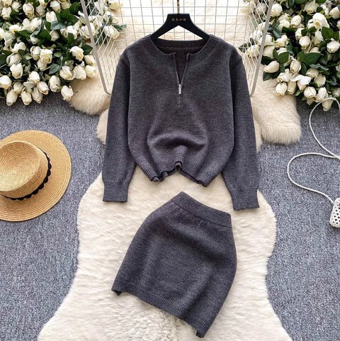 Half-zipped Sweater & Skirt 2Pcs