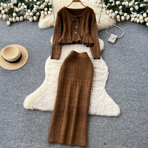 Ruffled Cardigan & Slim Skirt 2Pcs