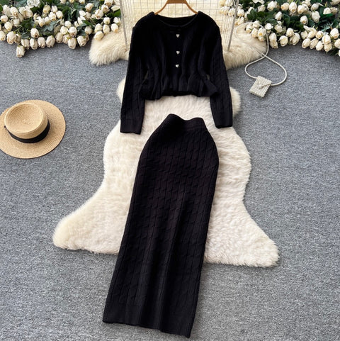 Ruffled Cardigan & Slim Skirt 2Pcs