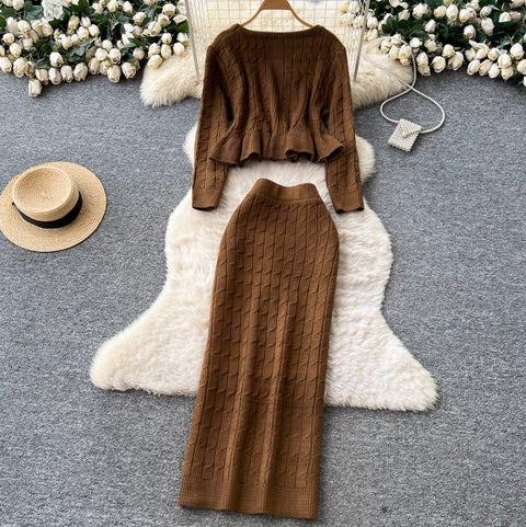 Ruffled Cardigan & Slim Skirt 2Pcs
