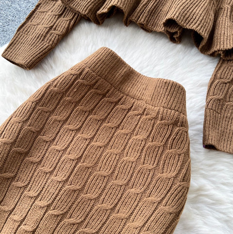 Ruffled Cardigan & Slim Skirt 2Pcs