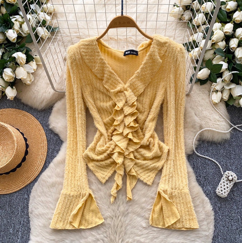 V-neck Ruffled Patchwork Knitwear