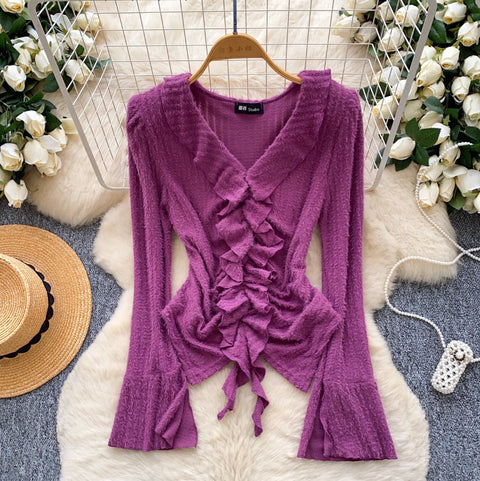 V-neck Ruffled Patchwork Knitwear