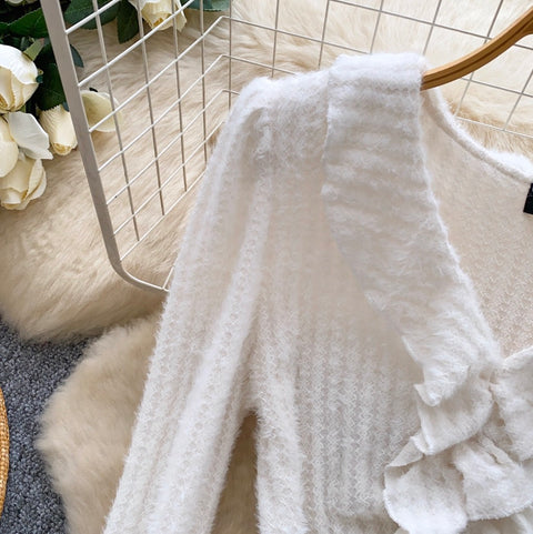 V-neck Ruffled Patchwork Knitwear