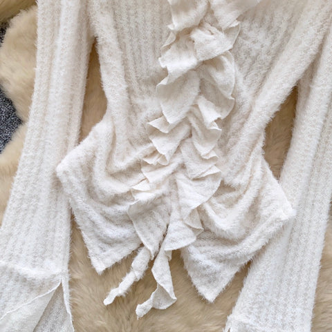V-neck Ruffled Patchwork Knitwear
