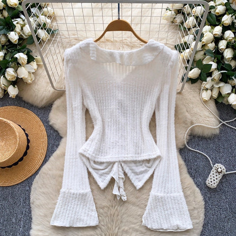 V-neck Ruffled Patchwork Knitwear