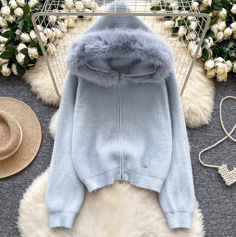 Furry Patchwork Hooded Short Cardigan