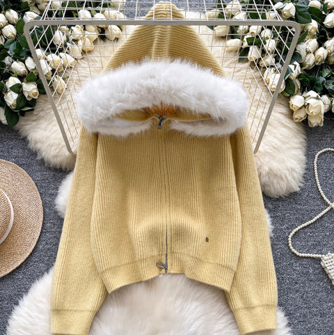 Furry Patchwork Hooded Short Cardigan