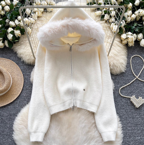 Furry Patchwork Hooded Short Cardigan