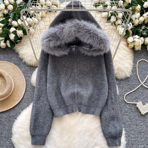 Furry Patchwork Hooded Short Cardigan