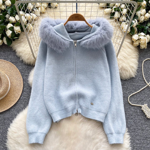Furry Patchwork Hooded Short Cardigan
