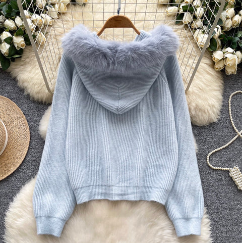 Furry Patchwork Hooded Short Cardigan