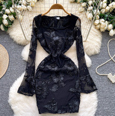3d Floral Embroidered Mesh Dress