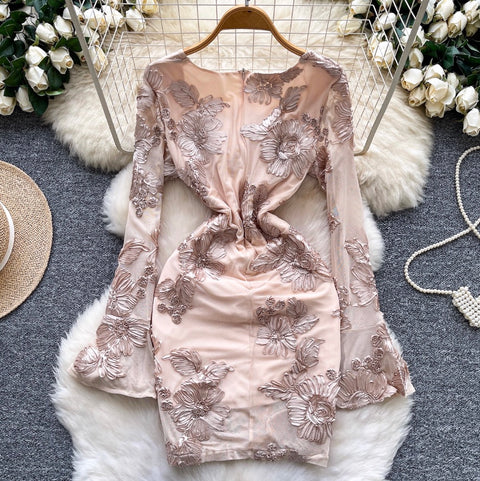 3d Floral Embroidered Mesh Dress
