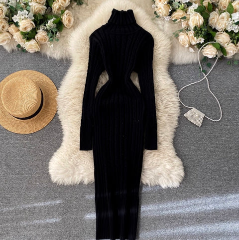 Turtleneck Stretchy Twisted-knit Dress