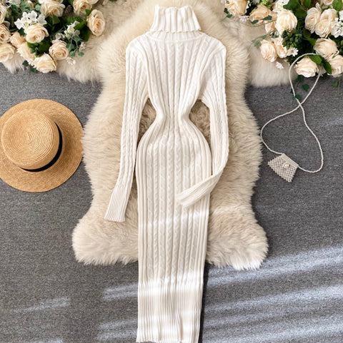 Turtleneck Stretchy Twisted-knit Dress
