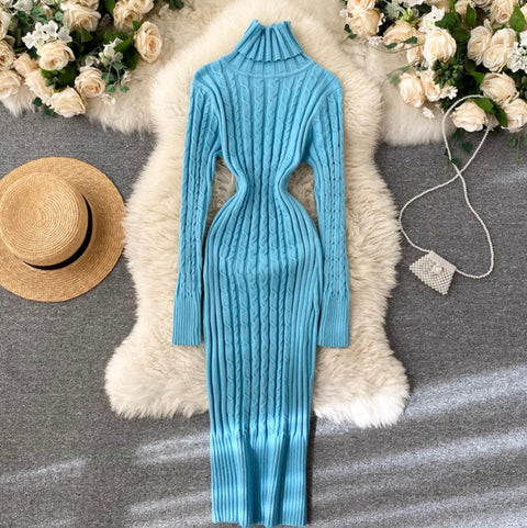 Turtleneck Stretchy Twisted-knit Dress