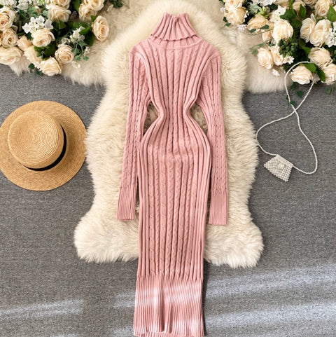 Turtleneck Stretchy Twisted-knit Dress
