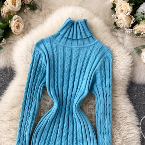 Turtleneck Stretchy Twisted-knit Dress