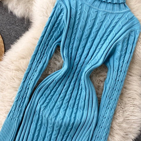 Turtleneck Stretchy Twisted-knit Dress