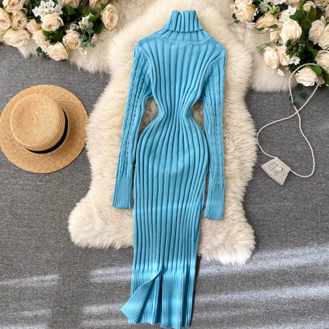 Turtleneck Stretchy Twisted-knit Dress