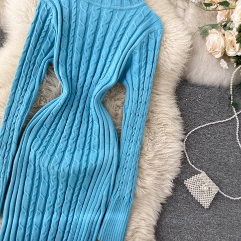 Turtleneck Stretchy Twisted-knit Dress