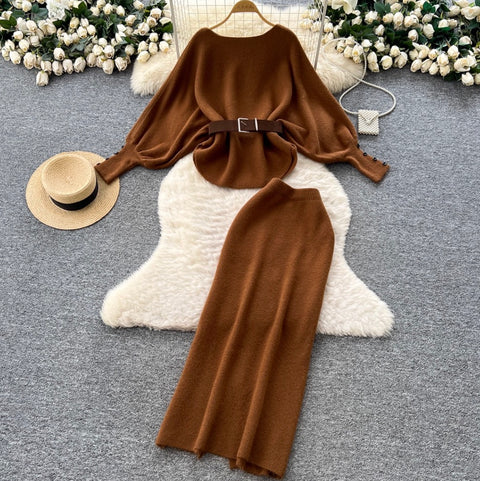 Bat-sleeve Sweater & Skirt Knitted 2Pcs