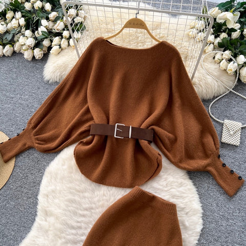 Bat-sleeve Sweater & Skirt Knitted 2Pcs