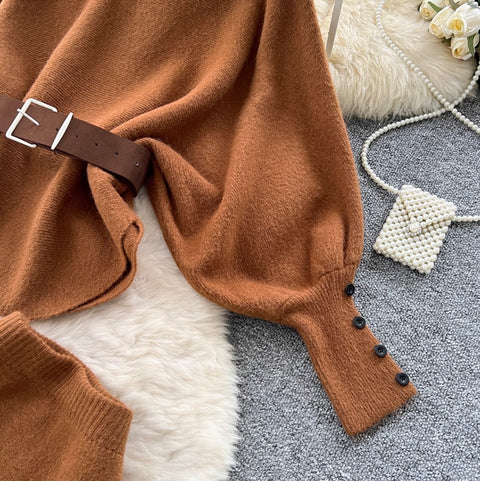 Bat-sleeve Sweater & Skirt Knitted 2Pcs