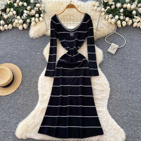Beaded Striped Knitted Black Dress