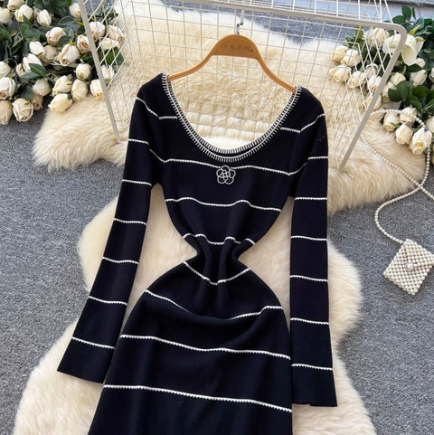 Beaded Striped Knitted Black Dress